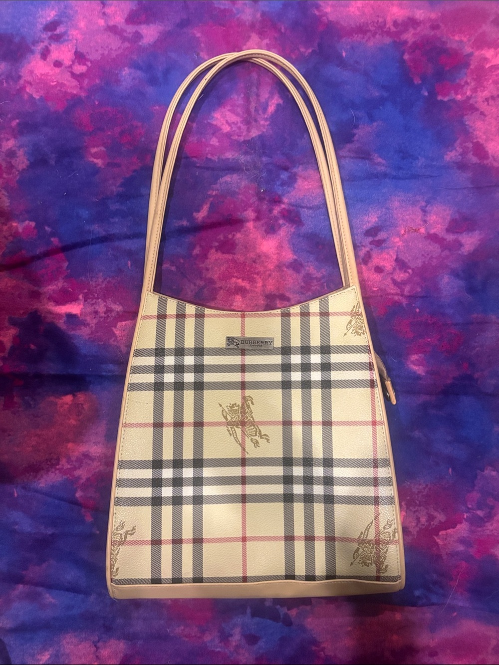 Burberry Beige Check Shoulder Bag with Tan Trim